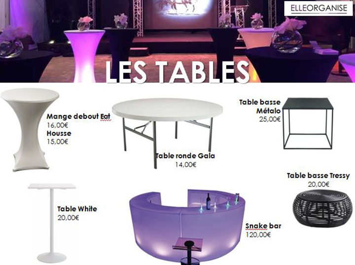 Location de mobilier – Elleorganise – Les tables